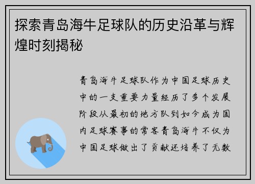 探索青岛海牛足球队的历史沿革与辉煌时刻揭秘