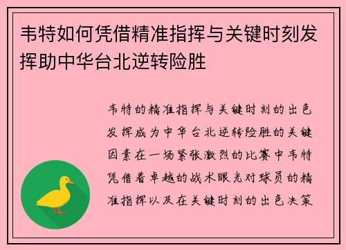 韦特如何凭借精准指挥与关键时刻发挥助中华台北逆转险胜 韦特如何凭借精准指挥与关键时刻发挥助中华台北逆转险胜