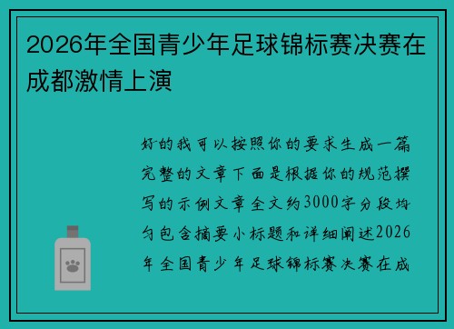 2026年全国青少年足球锦标赛决赛在成都激情上演