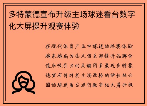 多特蒙德宣布升级主场球迷看台数字化大屏提升观赛体验