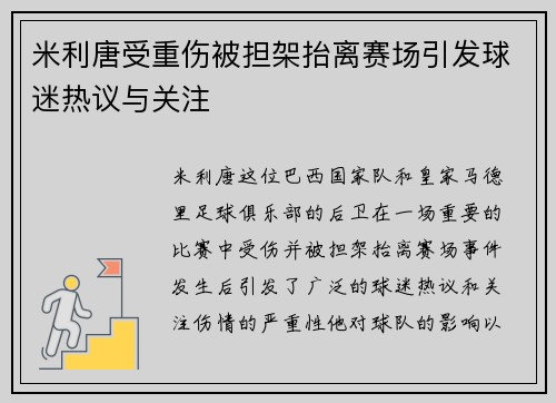 米利唐受重伤被担架抬离赛场引发球迷热议与关注 米利唐受重伤被担架抬离赛场引发球迷热议与关注