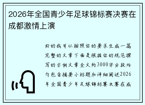 2026年全国青少年足球锦标赛决赛在成都激情上演
